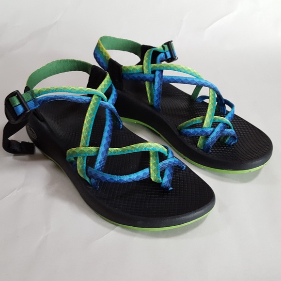 blue and green chacos
